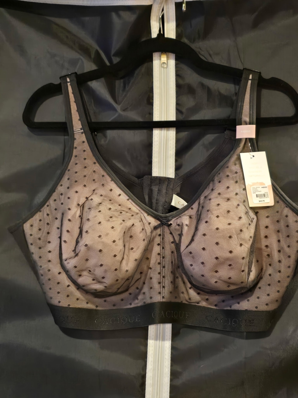 Cacique Taupe Bra with Black Polka Dot Overlay
